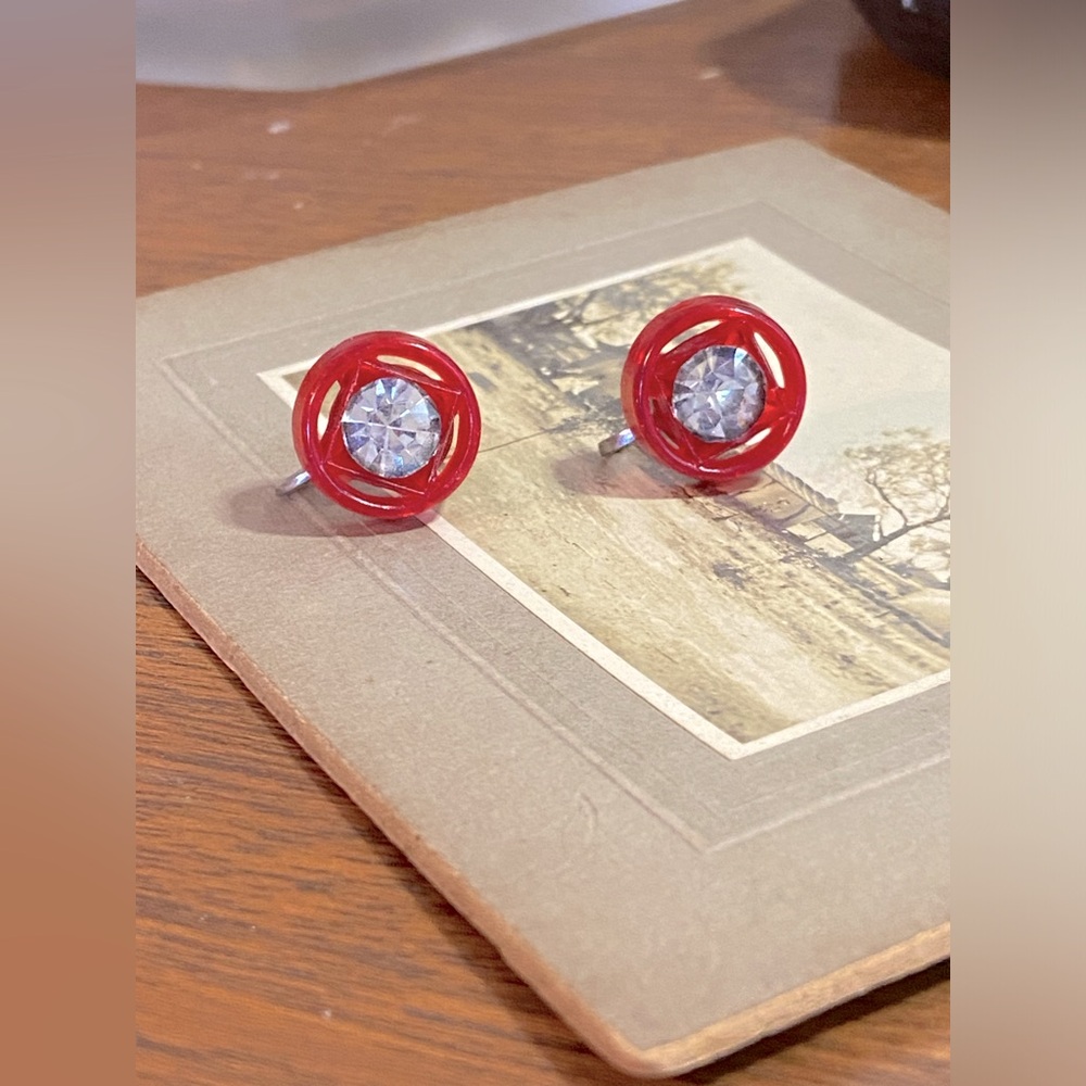 Vintage Early Plastic Red Lucite and Rhinestone Screw Back Earrings